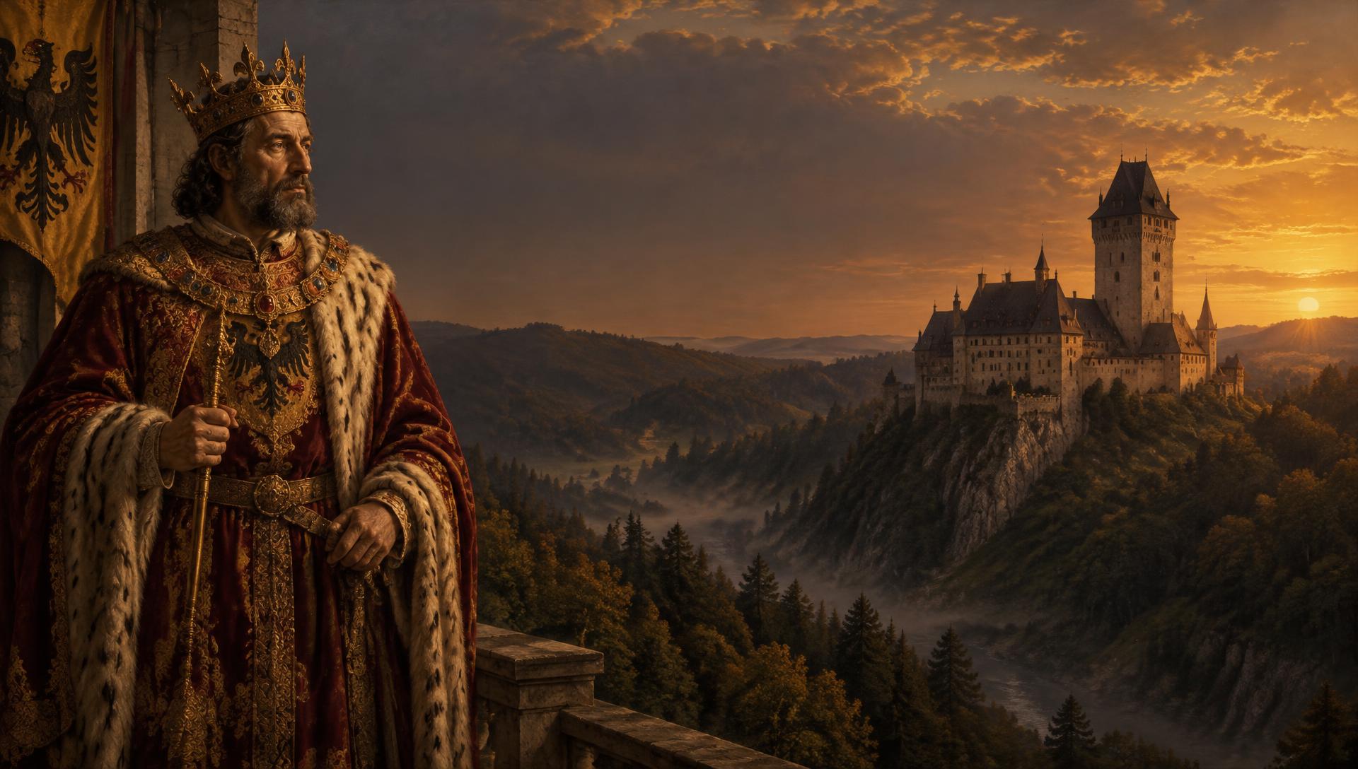 Malba: Karel IV. a hrad Karlštejn při západu slunce
